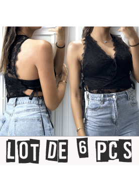 Lot de 6 Bodys noir en dentelle croisé devant et noeud sur les cotés 