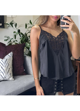 Débardeur noir satiné avec dentelle - 1