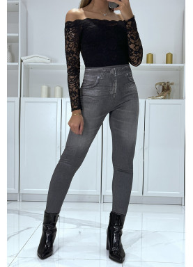 Legging noir taille haute et molletonné motif jean délavé - 1