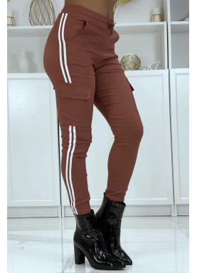Jegging cognac à bandes blanches et poches - 5