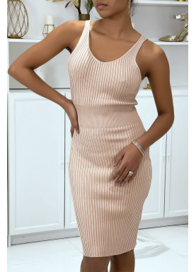 Robe moulante côtelée beige - 5