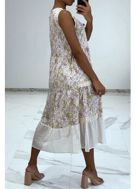 Robe longue fluide à imprimé floral violet détails broderie ajourée - 4