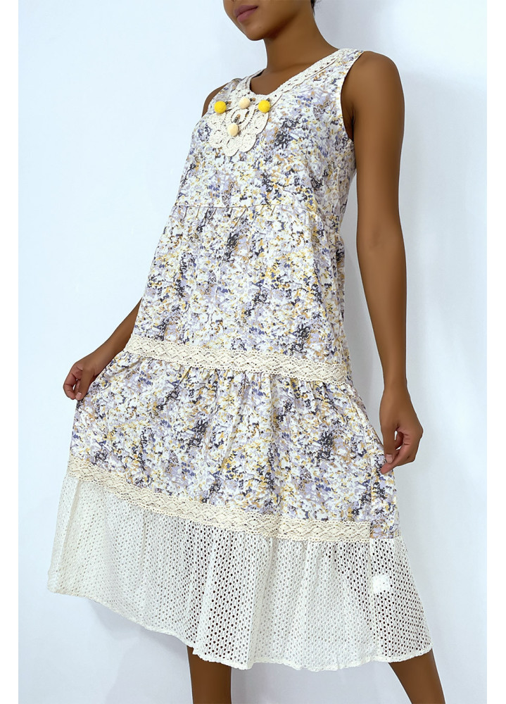 Robe longue fluide à imprimé floral violet détails broderie ajourée - 6