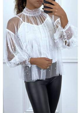 Blouse blanche en tulle transparent perlé à col haut - 1
