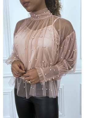Blouse rose en tulle transparent perlé à col haut - 3