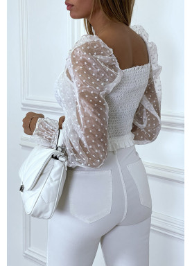 Crop top blanc plissé à élastique et manches en tulle bouffantes plumetis - 3