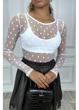 Body blanc en tulle transparent à pois - 3