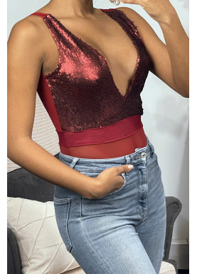 Body bordeaux en tulle et sequin à col plongeant - 2