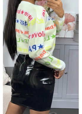 Pull en viscose blanc avec écriture fluo - 1
