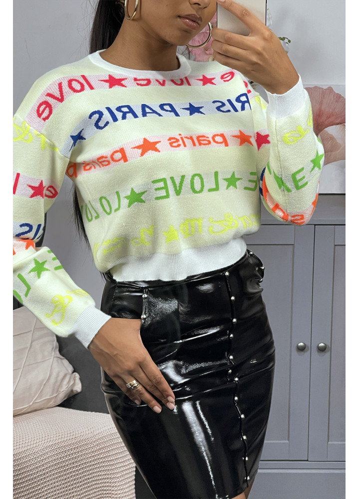Pull en viscose blanc avec écriture fluo - 2