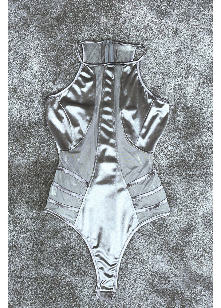 Body gris en satin et semi transparent - 1