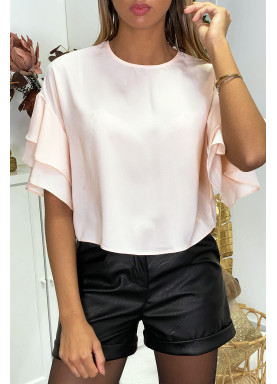 Blouse rose en crêpe avec volants aux manches - 2
