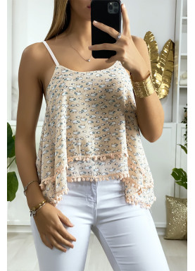 Débardeur rose à volant avec motif et mini pompon - 1