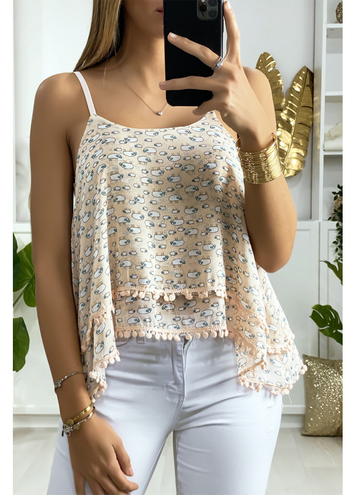 Débardeur rose à volant avec motif et mini pompon - 2