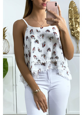 Débardeur blanc à volant avec motif et mini pompon - 1