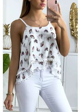Débardeur blanc à volant avec motif et mini pompon - 2