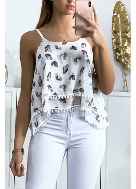 Débardeur blanc à volant avec motif et mini pompon - 3