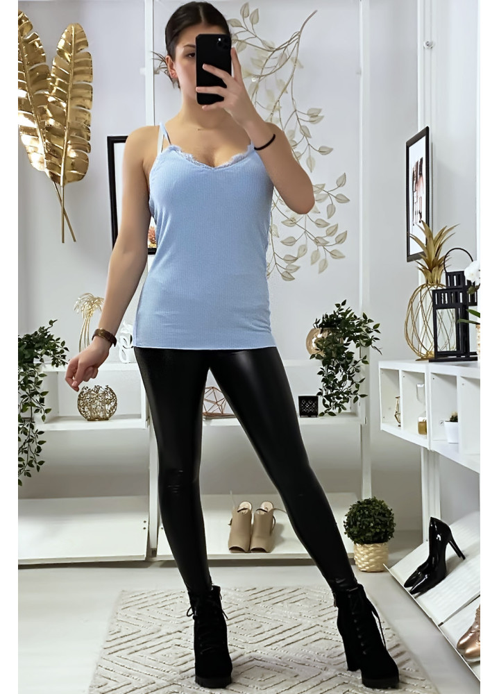 Débardeur turquoise côtelé avec dentelle au buste et au dos - 1