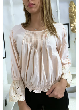 Blouse rose plissé au buste avec volant en dentelle aux manches - 9