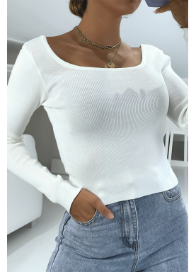 Crop top blanc côtelé à col bardot et manches longues - 2