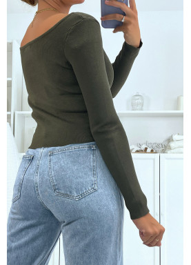 Crop top kaki côtelé à col bardot et manches longues - 1