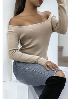 Crop top beige côtelé à col bardot et manches longues - 3