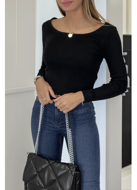 Crop top noir côtelé à col bardot et manches longues - 5