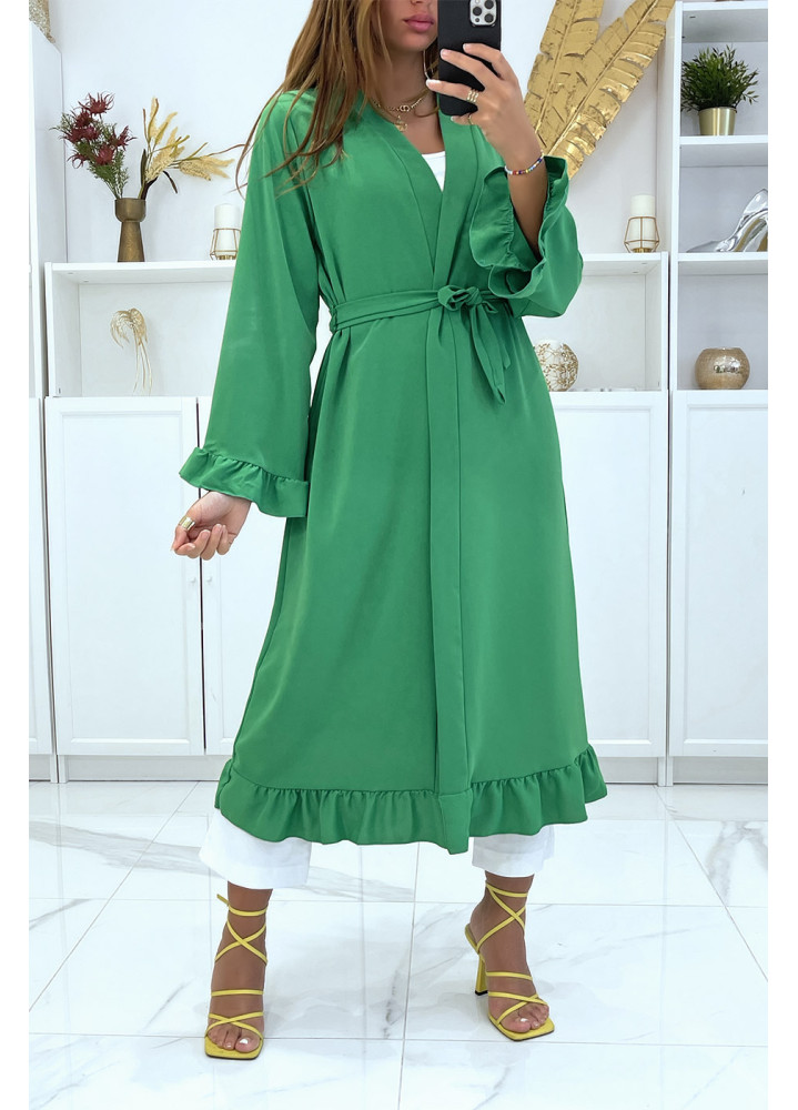 Abaya kimono vert avec volant et ceinture - 1