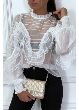 Blouse blanche en tulle avec broderie et volant - 4