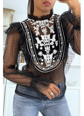 Blouse noire en tulle avec volant et broderie - 5