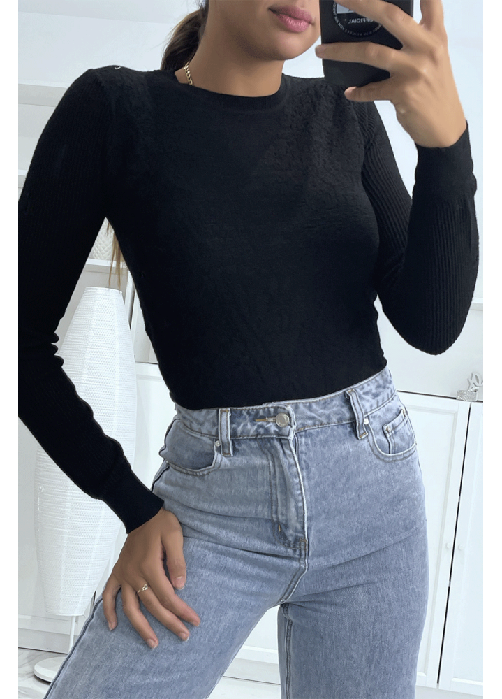 Pull Noir motif Jacquard, et manches côtelés. - 1