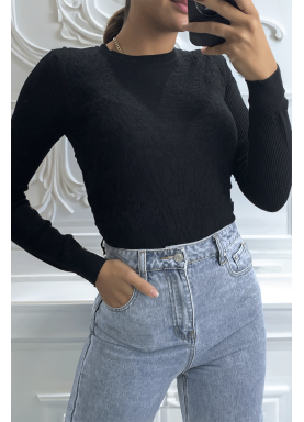 Pull Noir motif Jacquard, et manches côtelés. - 2