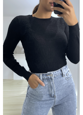 Pull Noir motif Jacquard, et manches côtelés. - 3