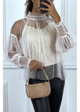 Blouse beige en tulle transparent perlé à col haut - 1