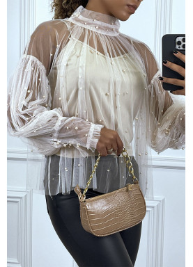 Blouse beige en tulle transparent perlé à col haut - 3