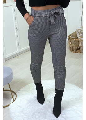 Pantalon slim à motif vichy gris molletonné à l'intérieur avec poches et ceinture - 3