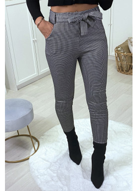Pantalon slim à motif vichy gris molletonné à l'intérieur avec poches et ceinture - 5