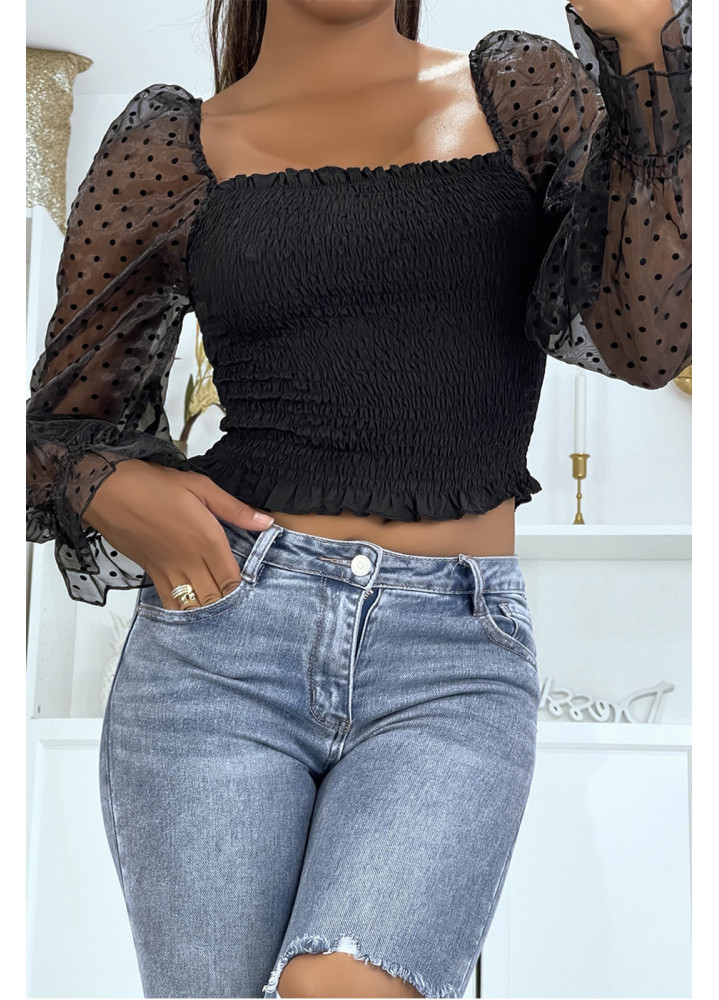 Crop top noir plissé à élastique et manches en tulle bouffantes plumetis - 2