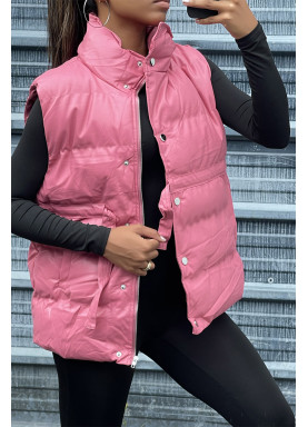 Doudoune en simili fuchsia sans manche ajustable à la taille  - 2