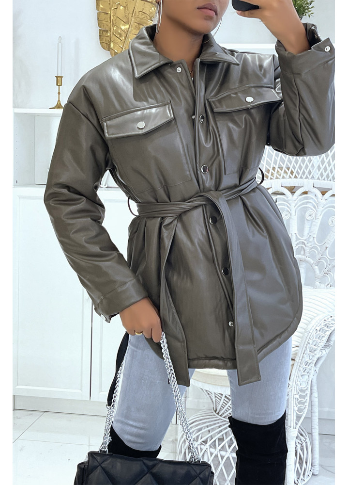 Manteau kaki mi long asymétrique simili cuir avec ceinture à la taille - 2
