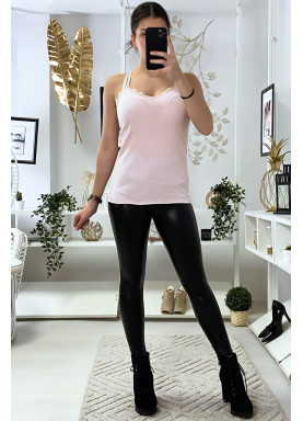 Débardeur rose côtelé avec dentelle au buste et au dos - 1