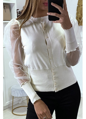 Gilet beige à manches transparentes en tulle - 1