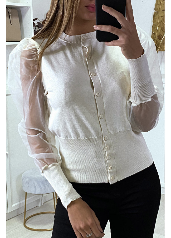 Gilet beige à manches transparentes en tulle - 1