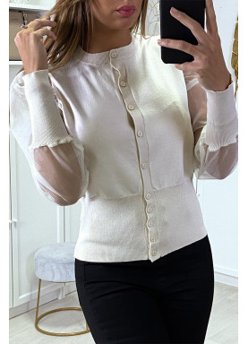 Gilet beige à manches transparentes en tulle - 2