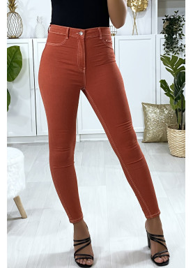 Jeans slim en corail avec fausse poches à l'avant - 1