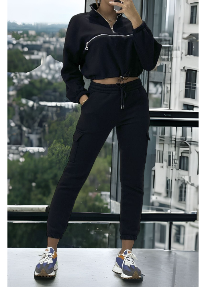 Ensemble jogging et sweat noir très épais avec fermeture à l'avant  - 1
