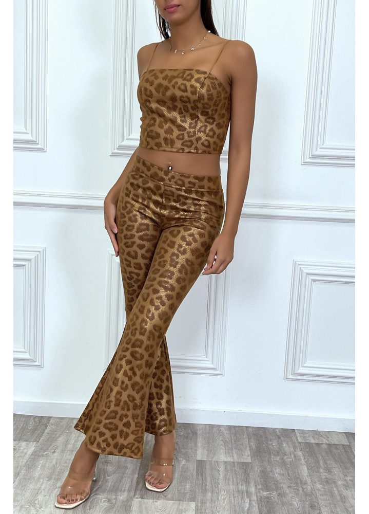 Ensemble crop top et pantalon évasée à motif python camel - 1