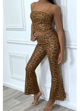 Ensemble crop top et pantalon évasée à motif python camel - 4