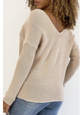 Pull col V rose brillant à détail ligne ajourée - 6