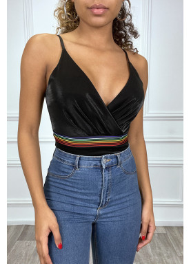 Body noir brillant cache coeur à bande multicolores - 1